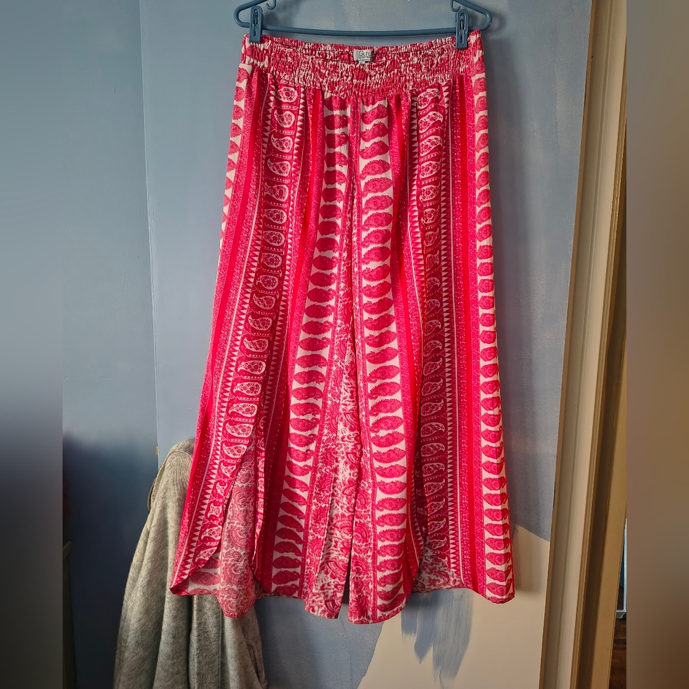 Guru Pure Silk Pull On Wide Leg Palazzo Pink + White Pants XL